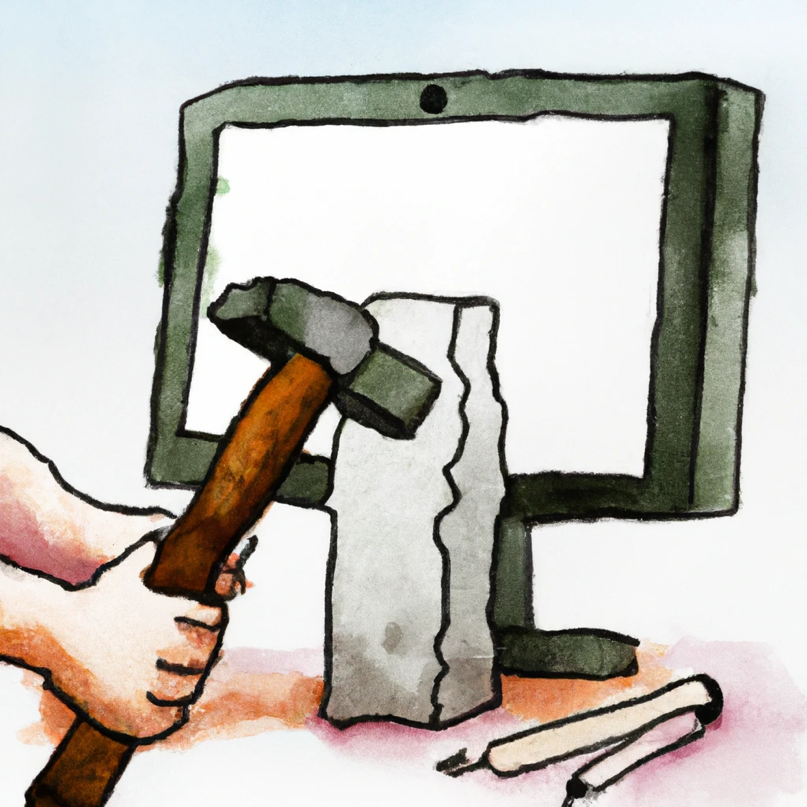 Watercolor image of a hammer and stone in front of a monitor