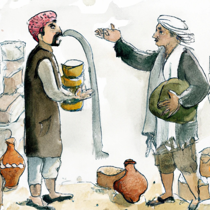 Two people talking in a market