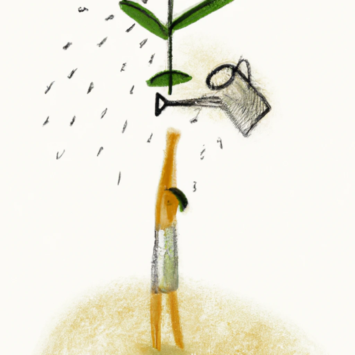 A drawing of a person watering a plant