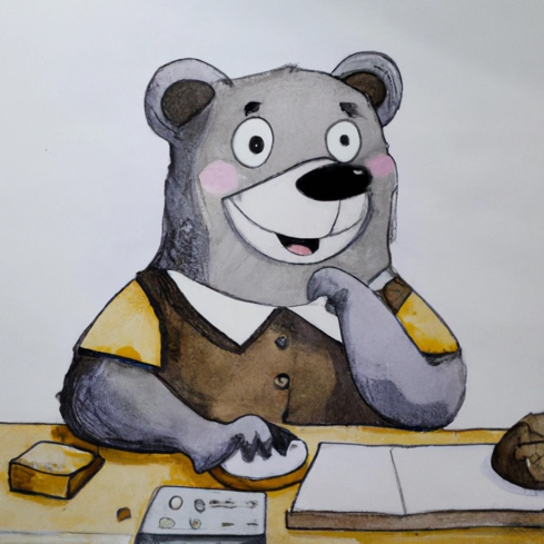 A cartoon of a bear at a desk