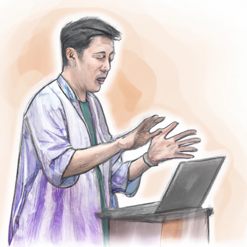 A person standing at a podium with his hands up