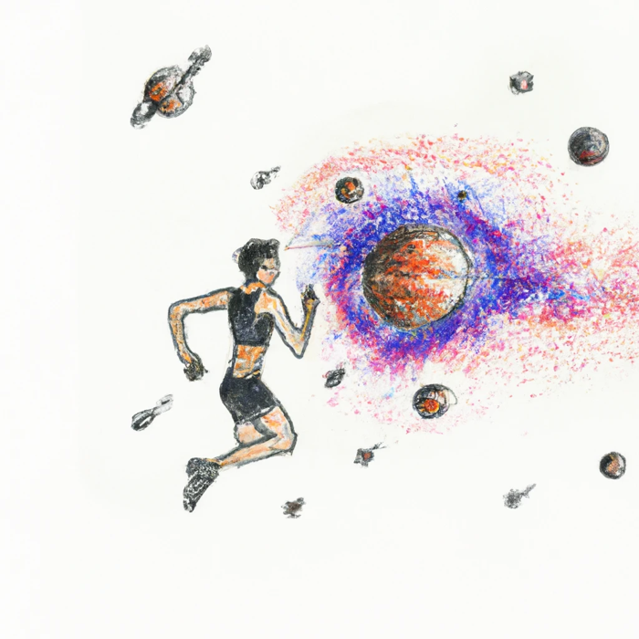 A drawing of a person running towards a planet