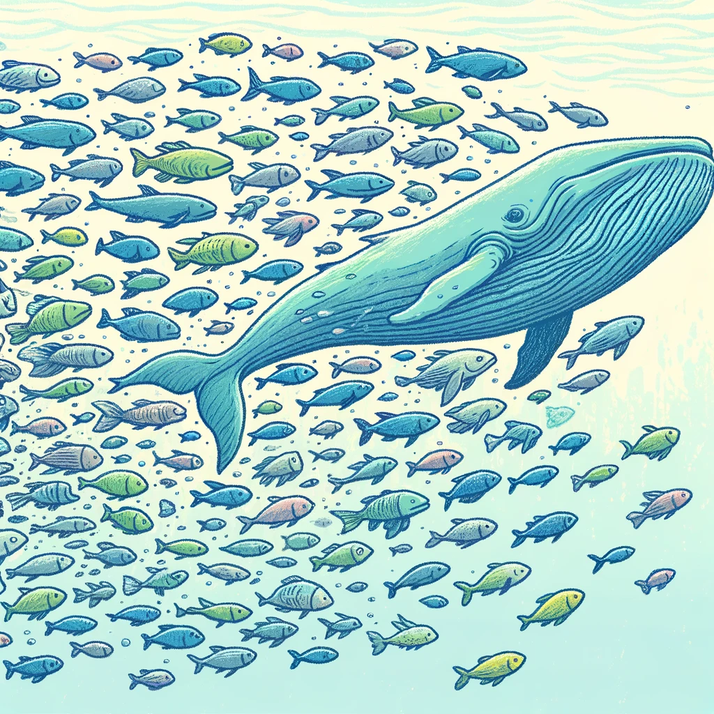 A whale followed by a school of fish
