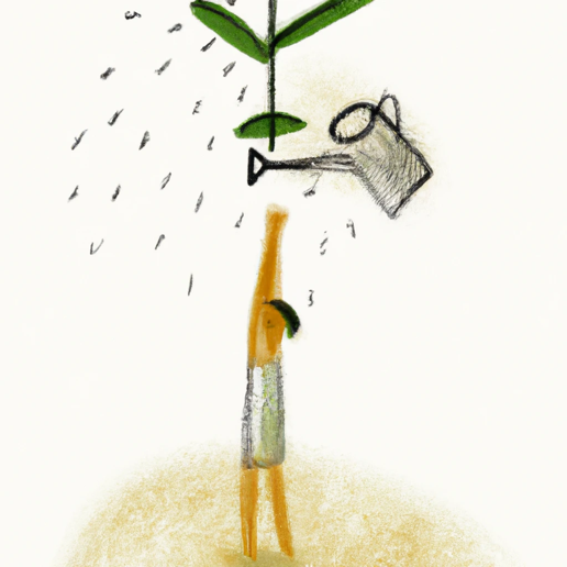 A drawing of a person watering a plant Description automatically generated with low confidence