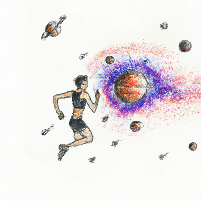 A drawing of a person running towards a planet Description automatically generated